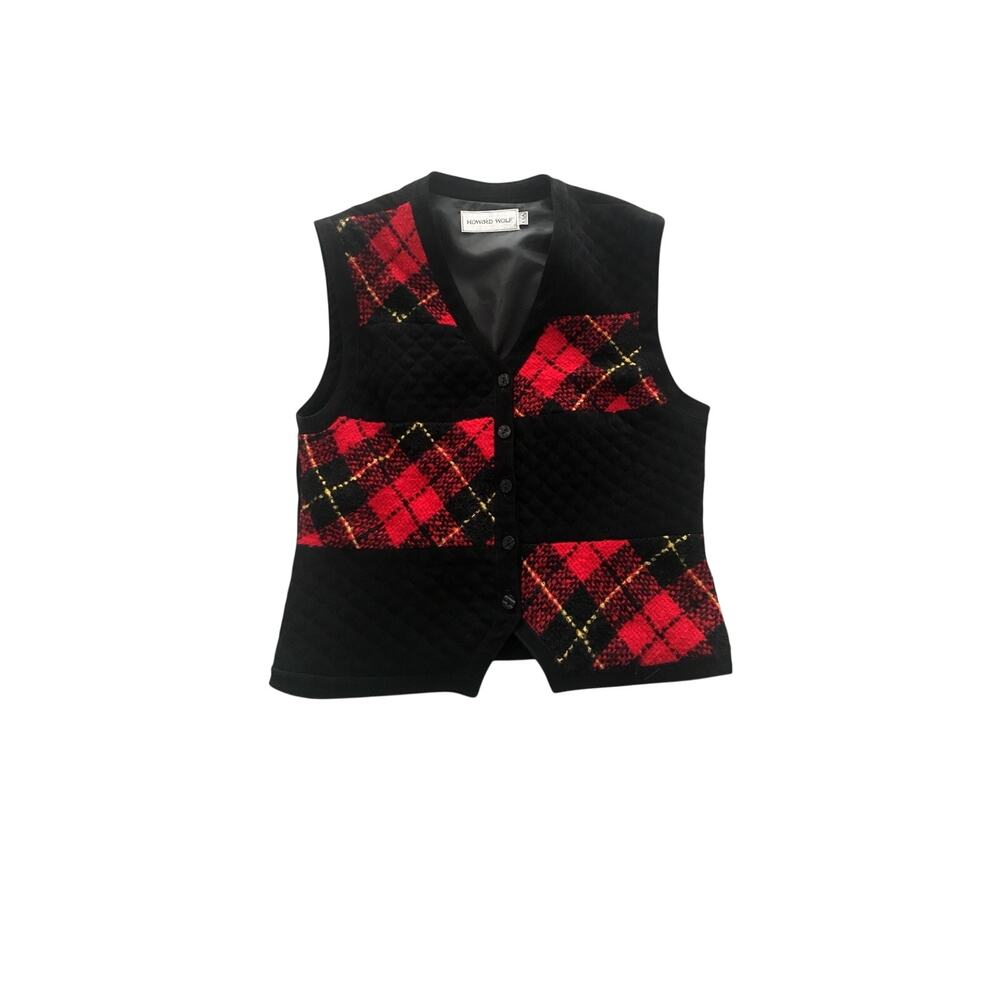 Plaid Quilted Vest Vintage Howard Wolf Tie Back Button Front Wool Blend Size 8
